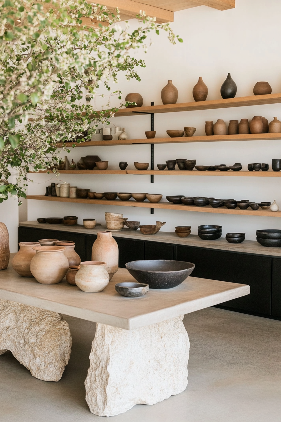 Clay pottery and ceramic accents in a warm living room