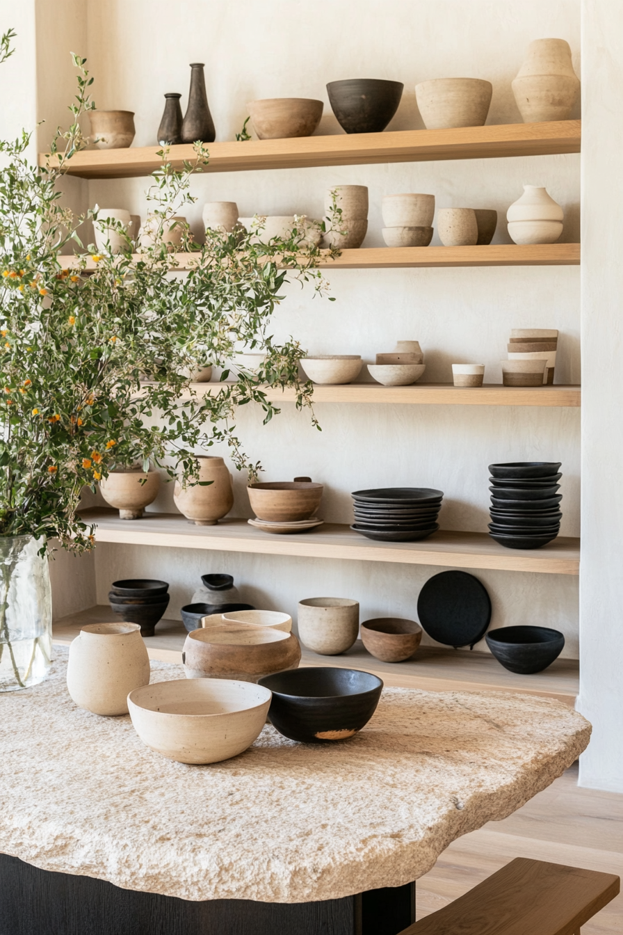 Artisan clay pottery and ceramic pieces in a modern living room