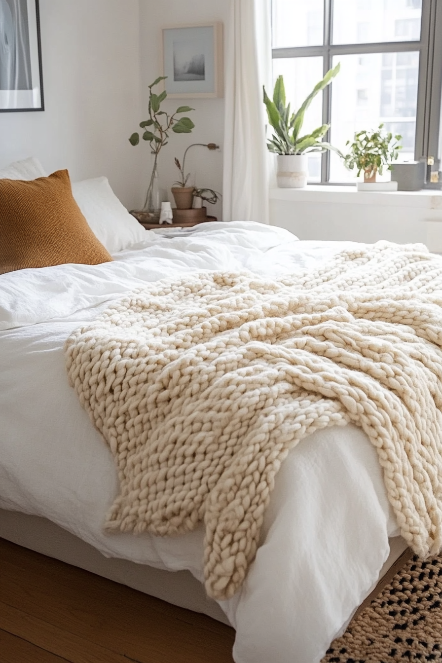 Soft knit blankets on minimal bed frame