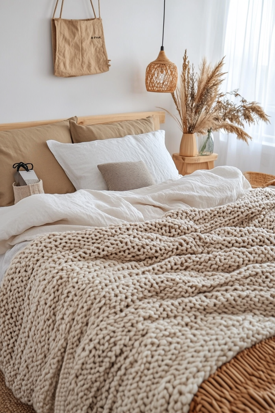 Soft knit blankets on minimal bed frame