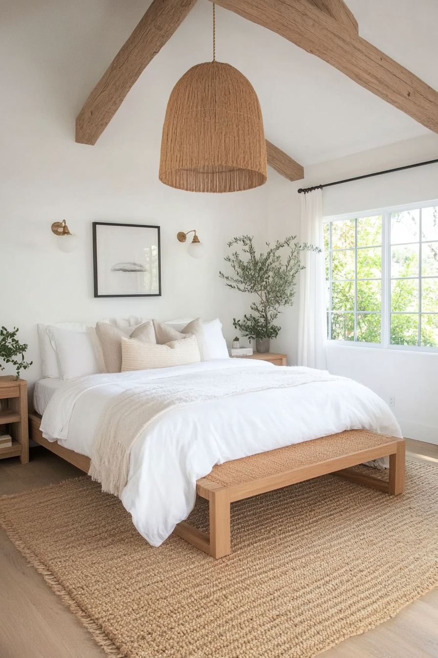 Minimalist white walls with natural wood accents