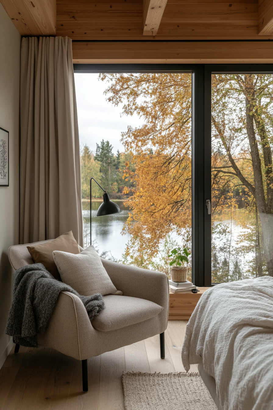 Hygge-inspired reading nook by large window