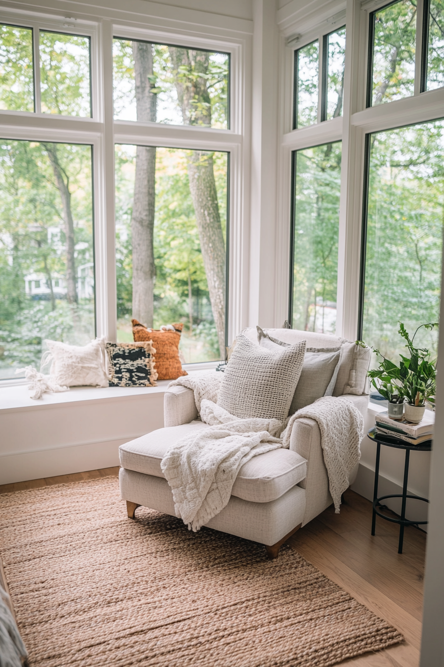 Hygge-inspired reading nook by large window