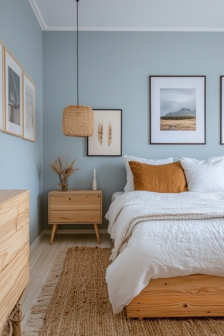Pale blue walls with simple Nordic furniture