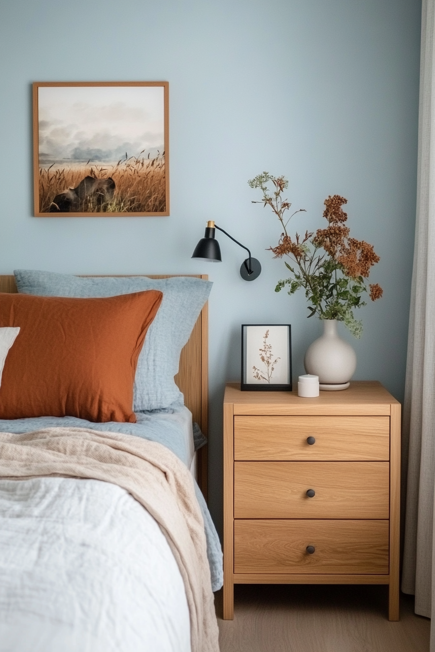 Pale blue walls with simple Nordic furniture
