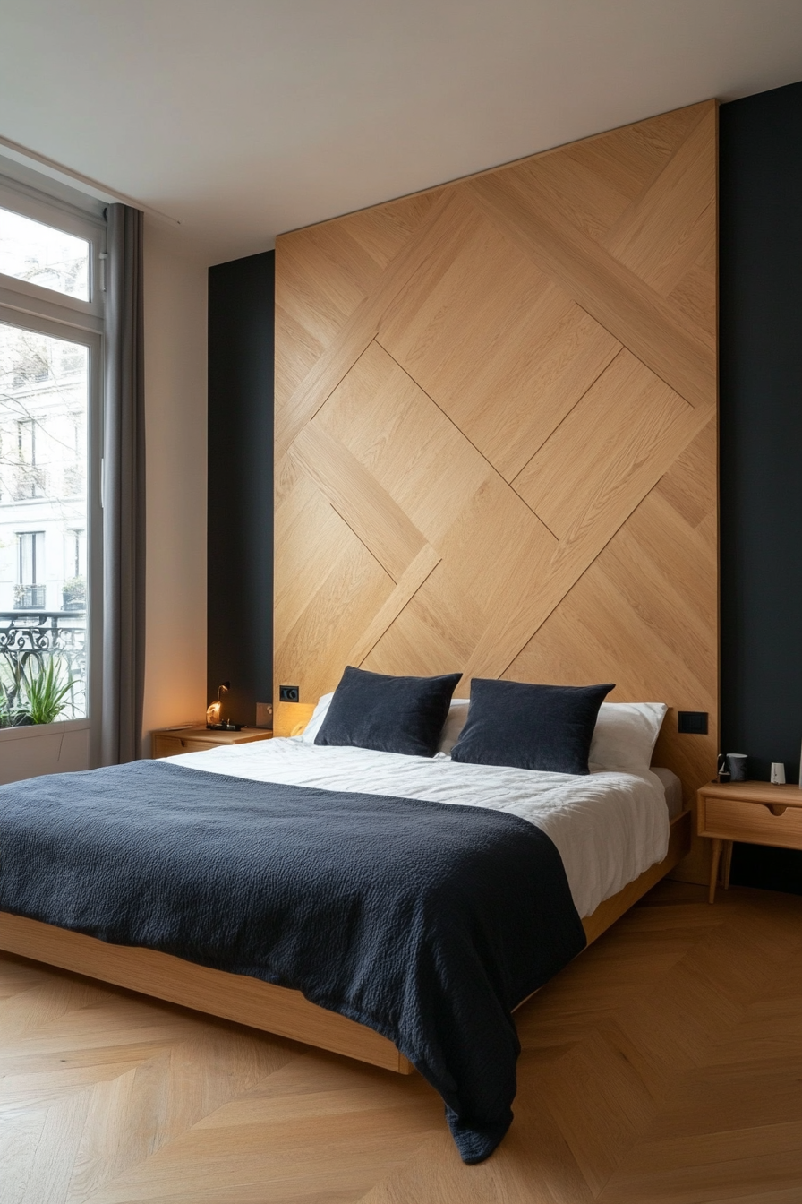 Wooden headboard with clean geometric lines
