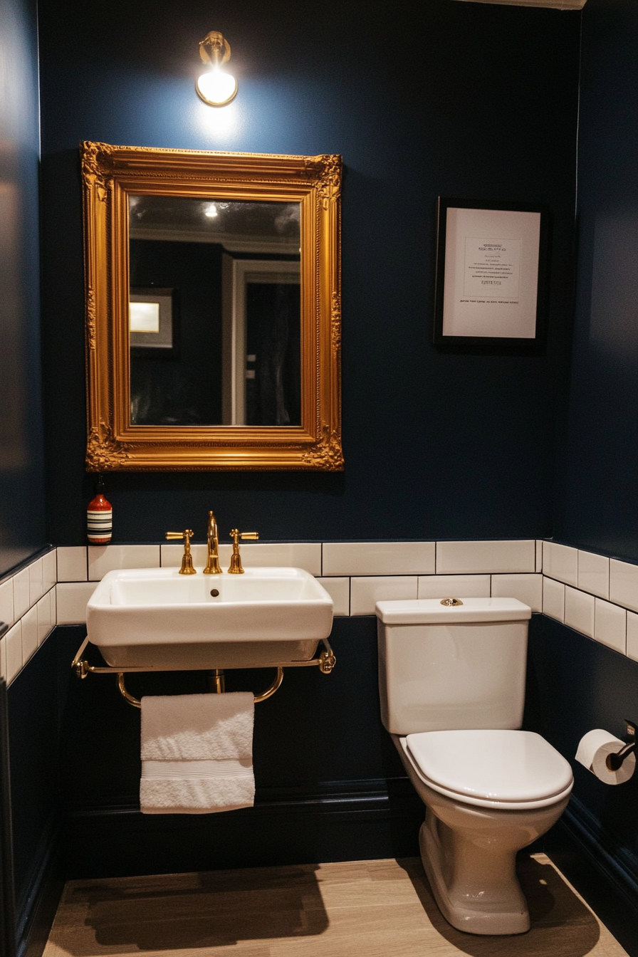 Close-up of navy walls with warm light accents