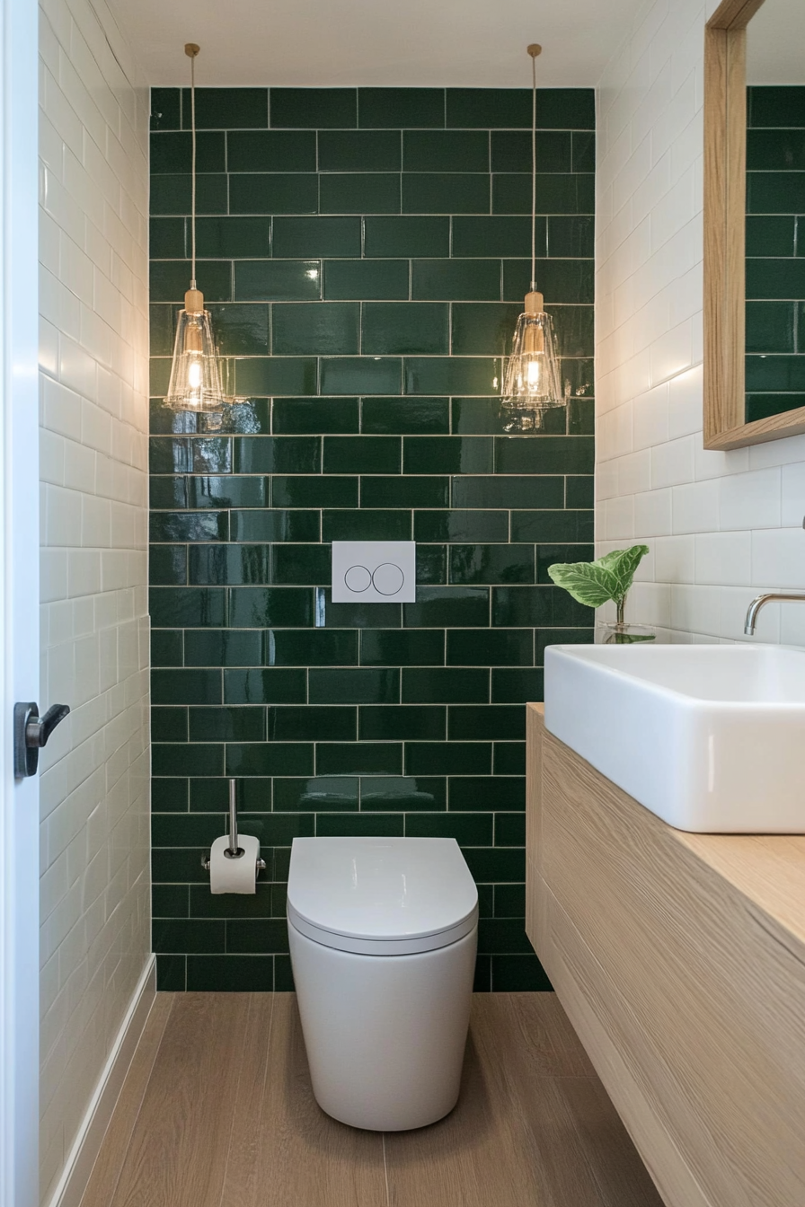 Deep green tile accent wall with luxurious texture