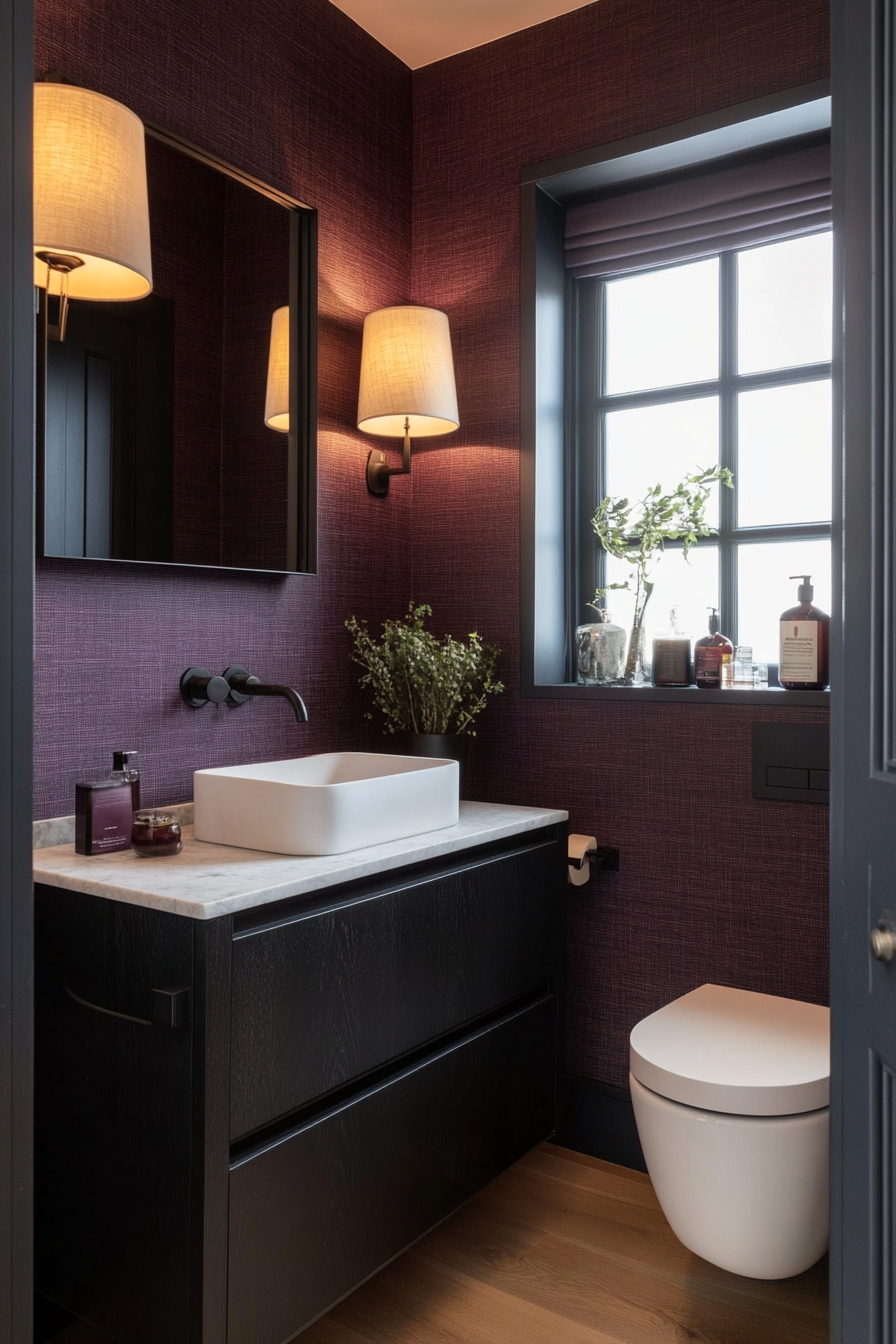Deep plum textured walls with rich tones and soft lighting