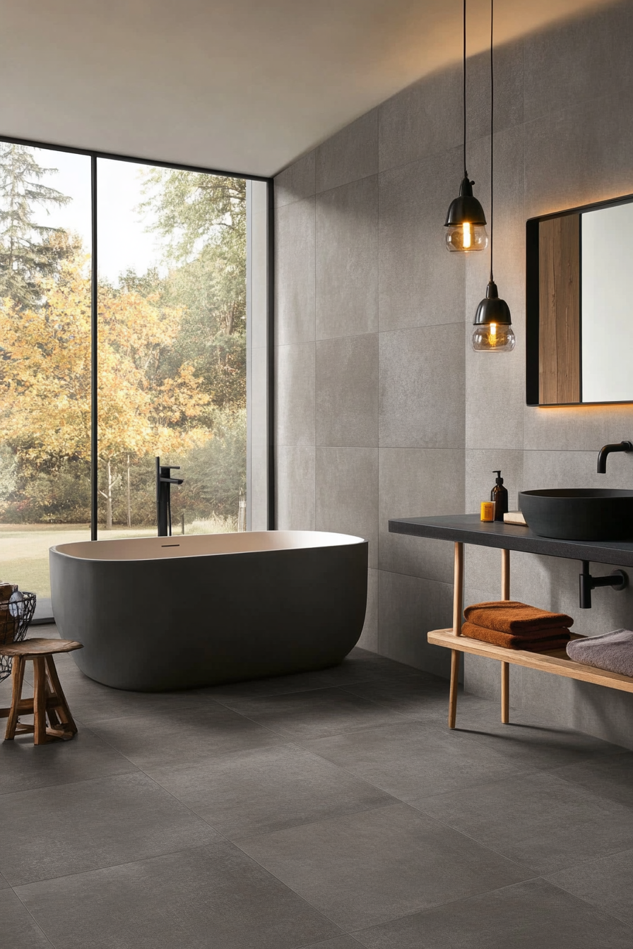 Smoky gray concrete-look floor tiles for a modern aesthetic