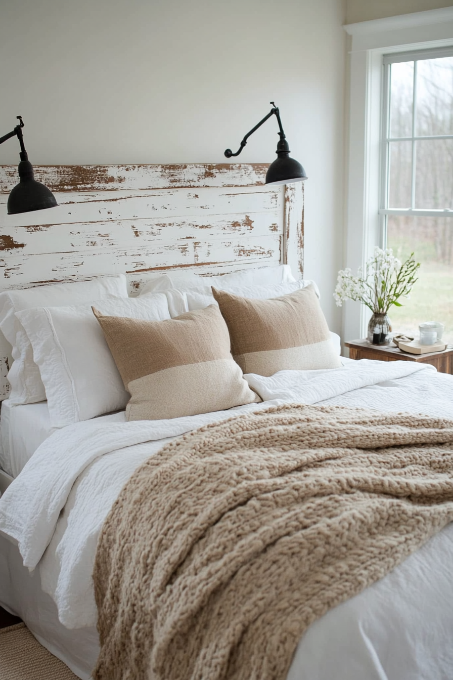 A distressed white wooden headboard with patina for vintage charm