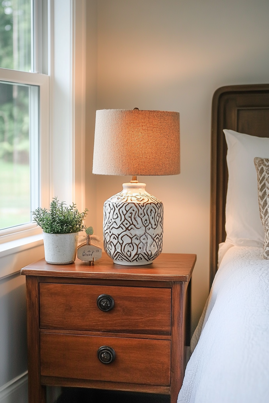 Close-up of milk glass lamp with Edison bulb lit
