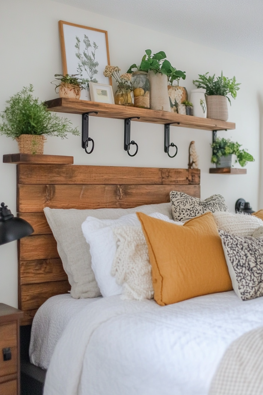 Reclaimed wood floating shelves with hooks for farmhouse storage