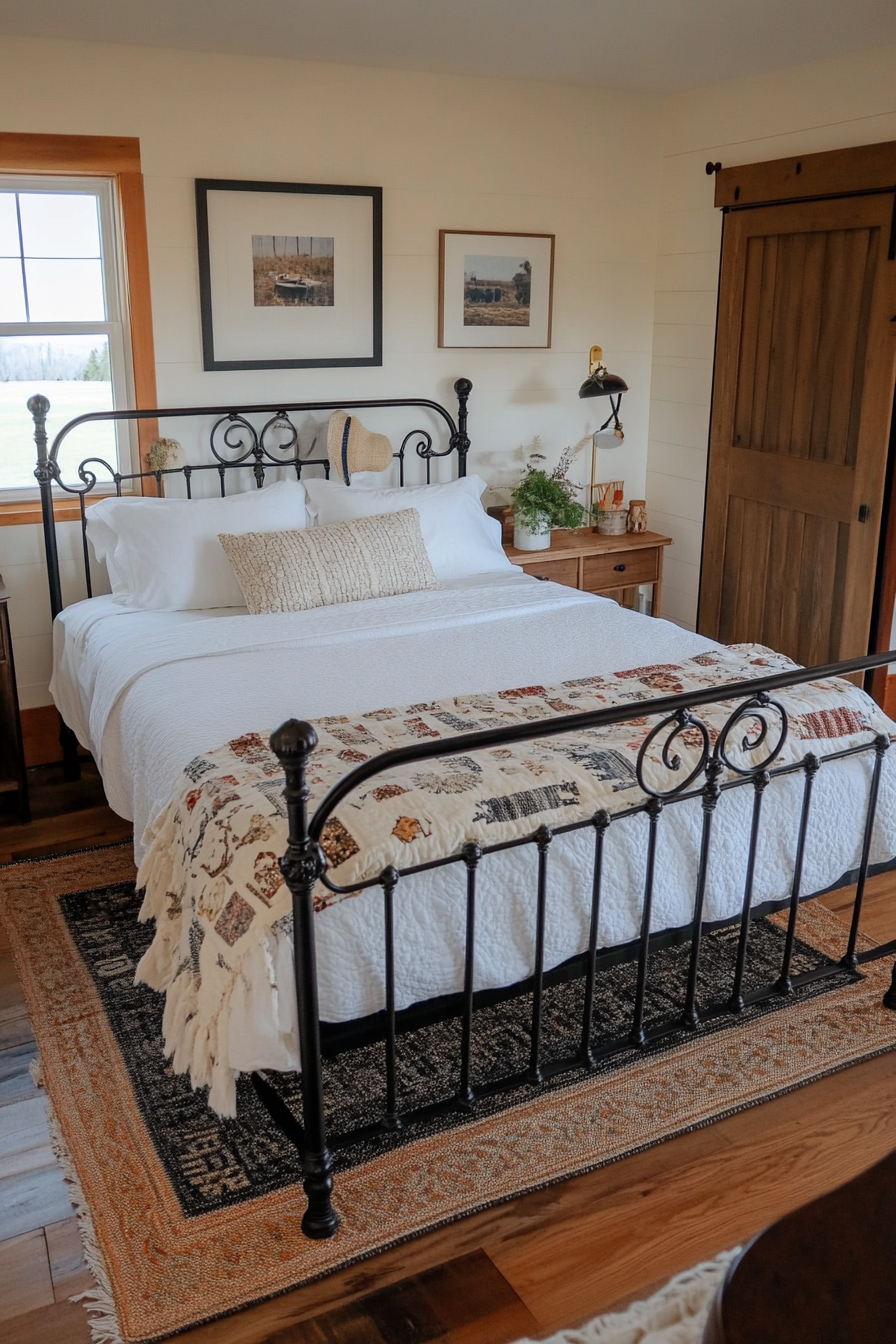 Wrought iron bed frame with scrollwork for a farmhouse look