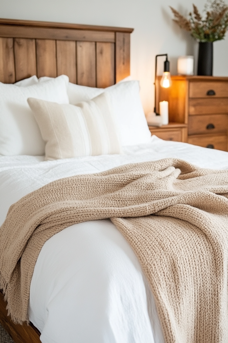 Close-up of wool and cotton throw blankets on a bed