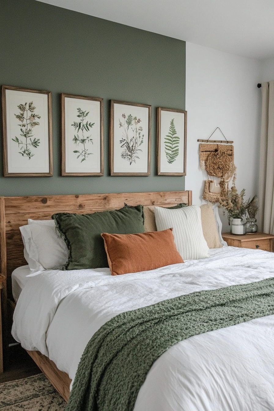 Vintage botanical prints in wooden frames for farmhouse decor