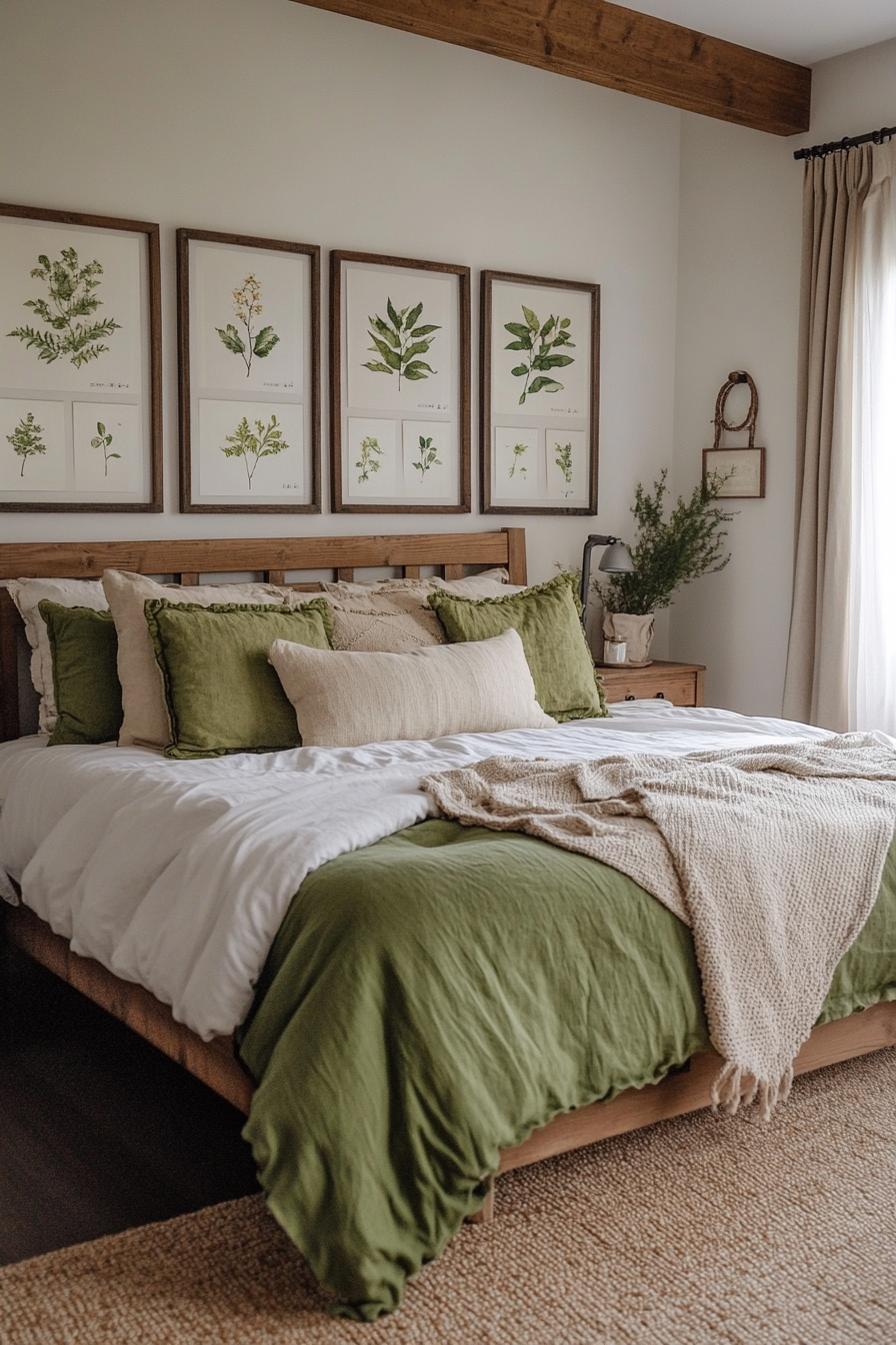 Close-up of botanical prints in rustic wooden frames