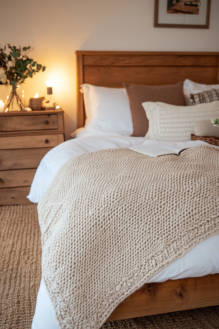 Close-up of oversized chunky knit wool throw on a bed