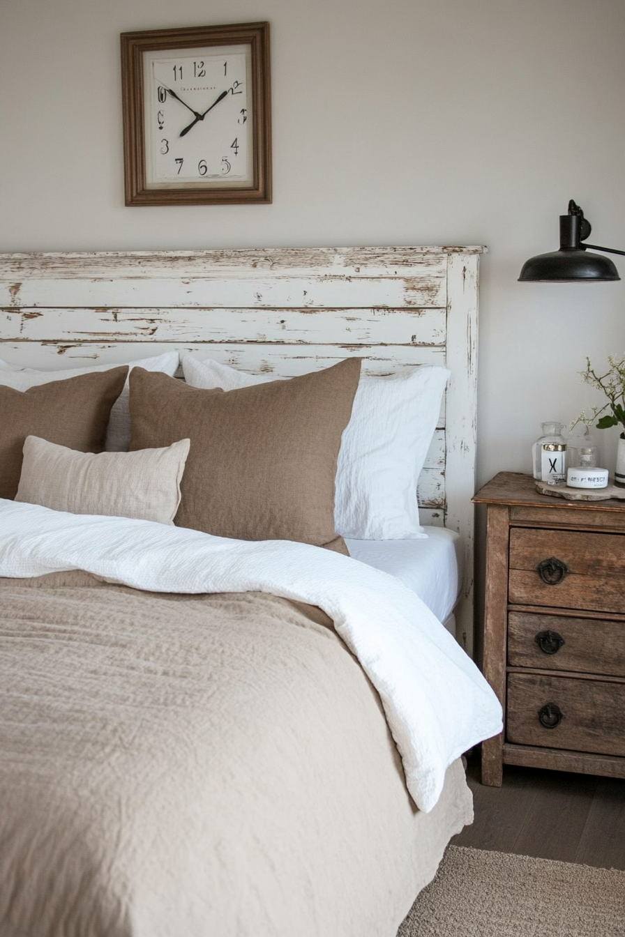 Close-up of distressed white headboard with decor