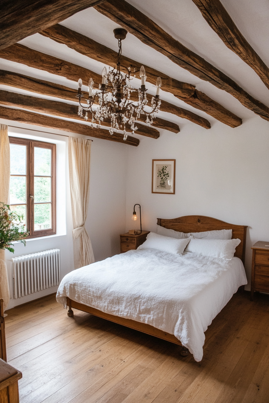 Exposed wooden ceiling beams for rustic farmhouse charm