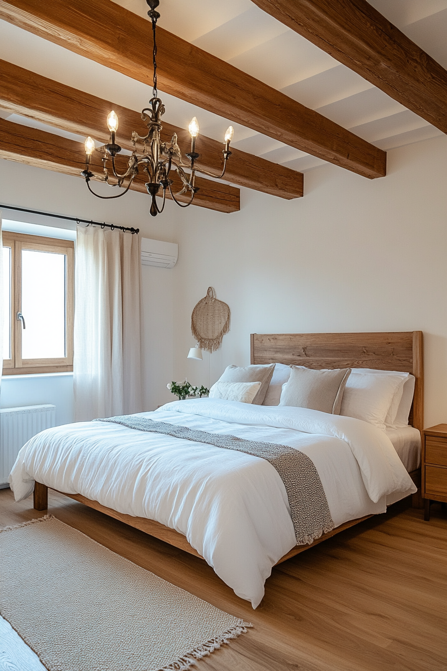 Close-up of exposed ceiling beams in farmhouse bedroom