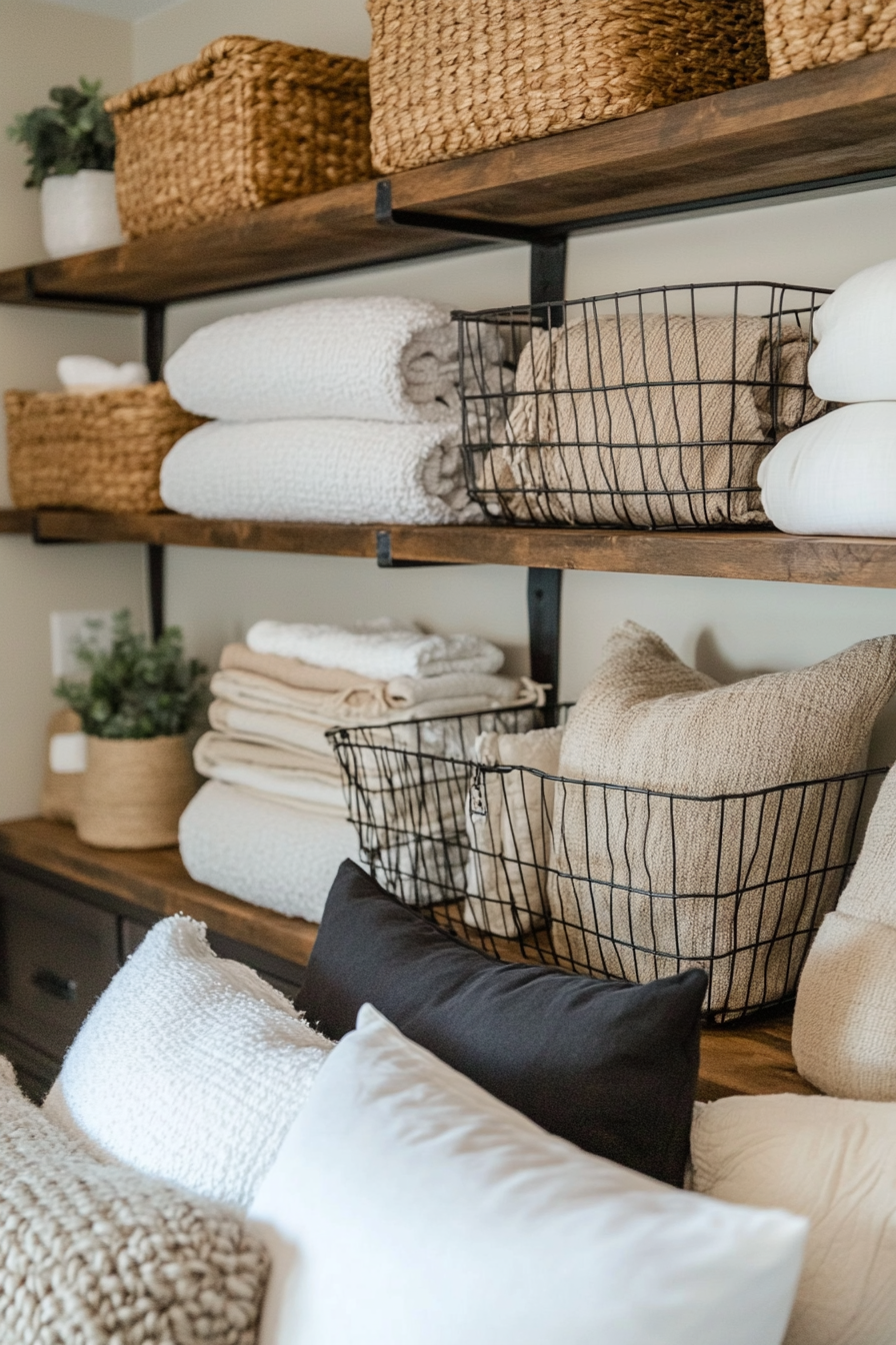 Close-up of wire basket with fabric lining for linen storage