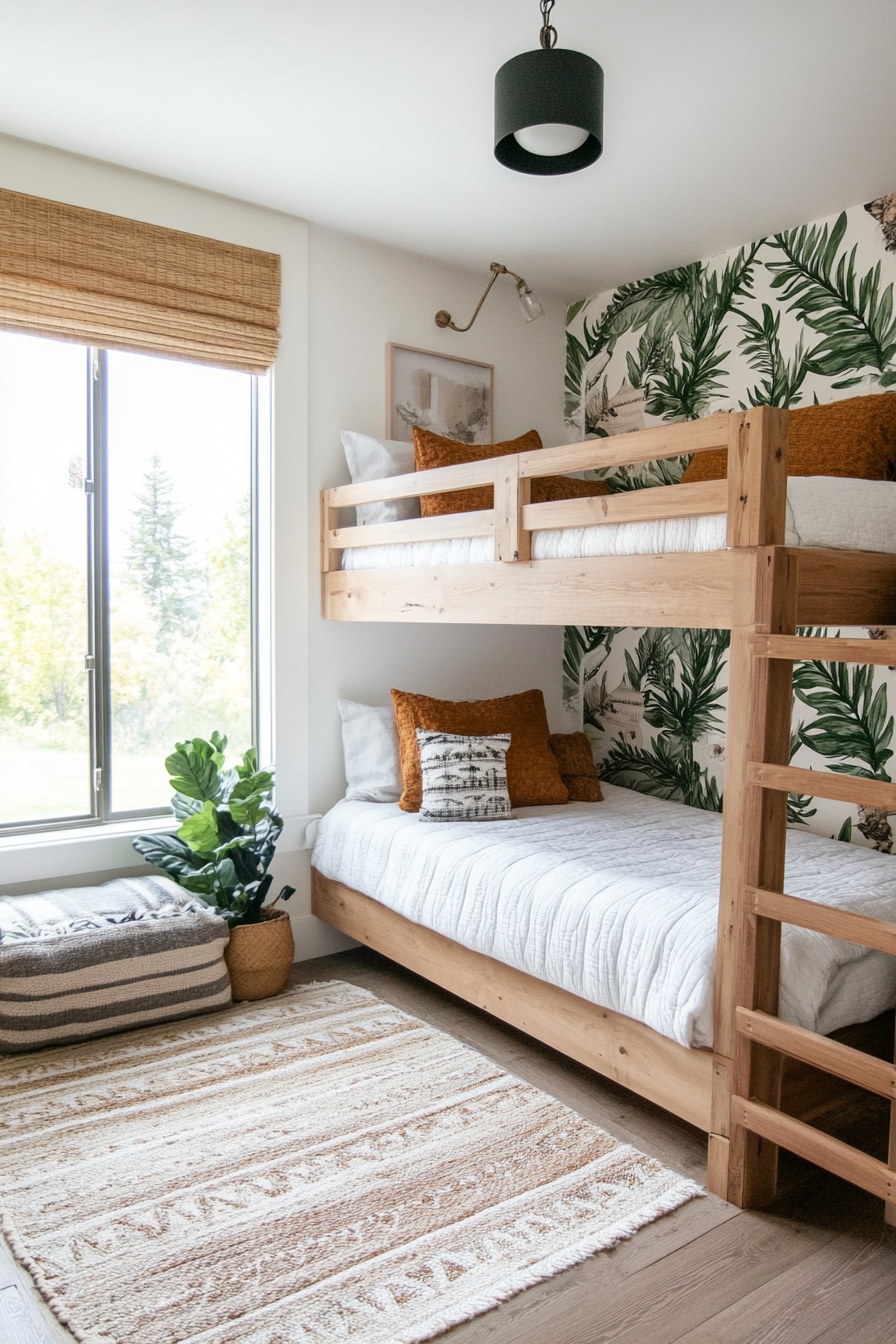 Nature-themed bunk bed details with potted plants