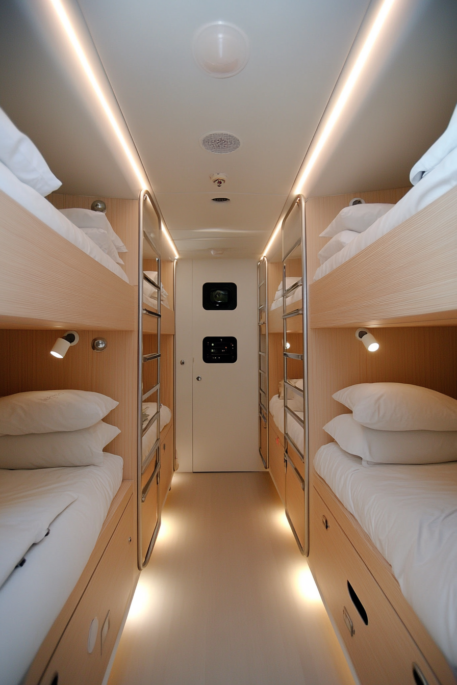 Close-up of LED-lit bunk bed and futuristic decor