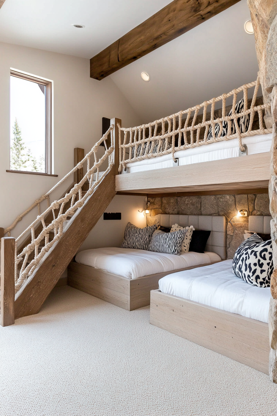 Adventure-themed bunk room featuring a mini climbing wall