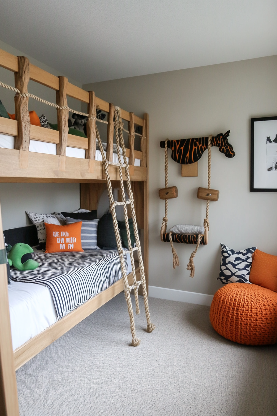 Another angle of climbing wall and adventure bunk setup