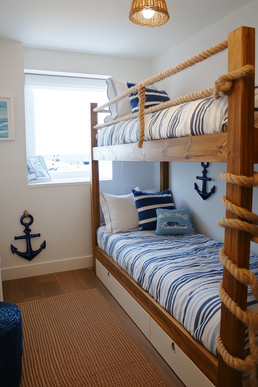 Coastal bunk room with nautical-inspired design