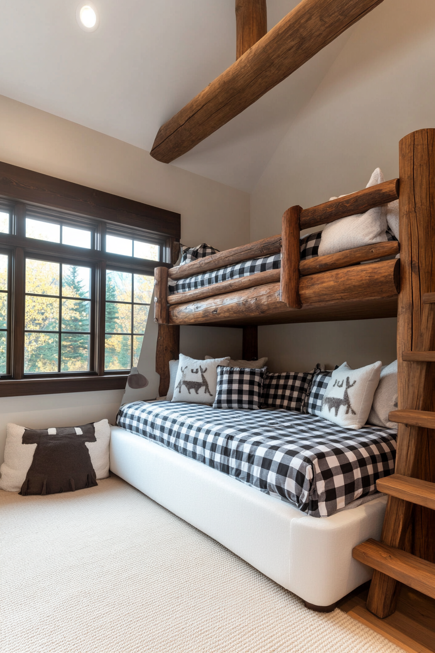 Cabin-inspired bunk room with log post details