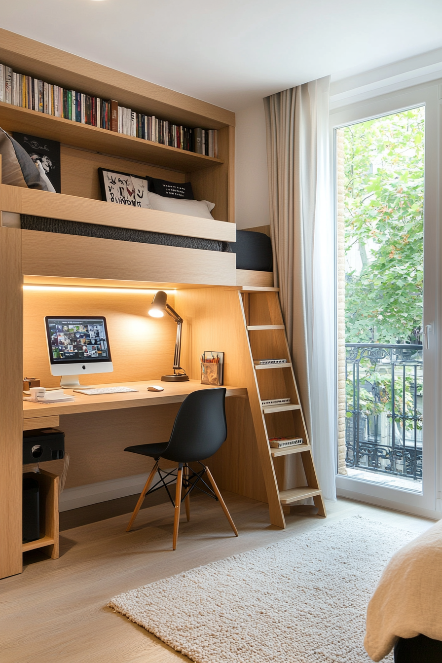 Bunk beds with hidden desk compartments