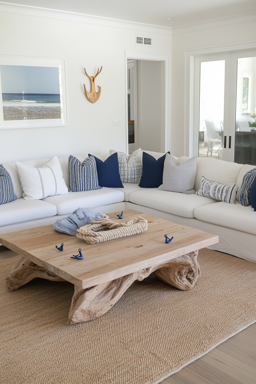 Driftwood coffee table with nautical accents