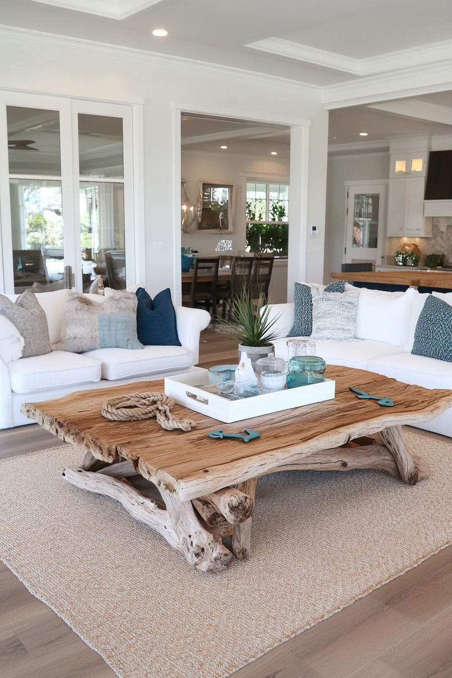 Alternate view of driftwood coffee table with nautical accents