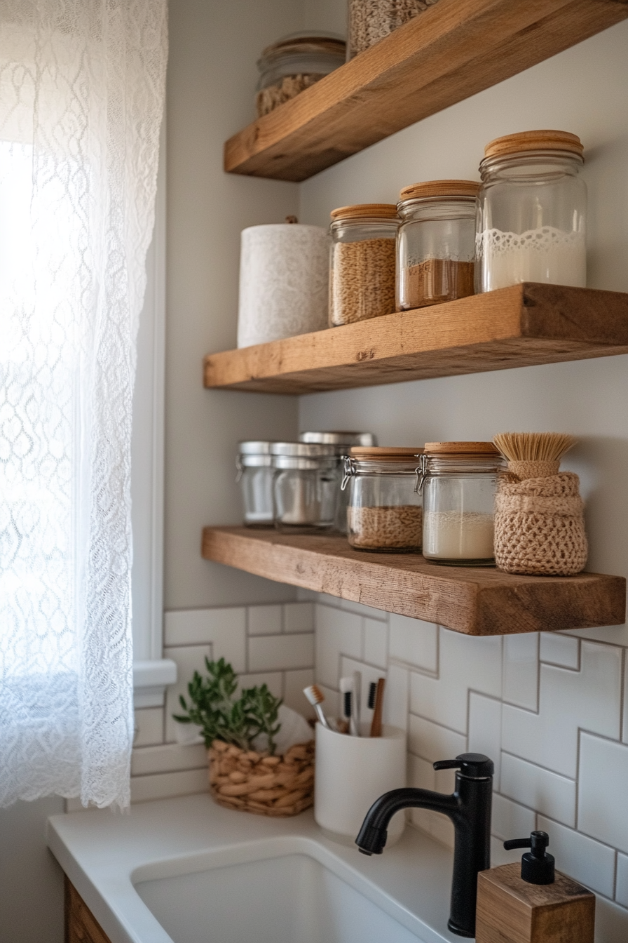 Close-up of antique glass jars on wooden shelves