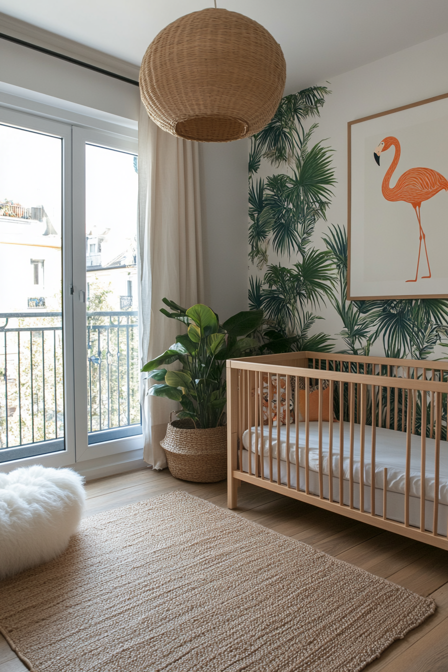 Vibrant tropical nursery with palm leaves