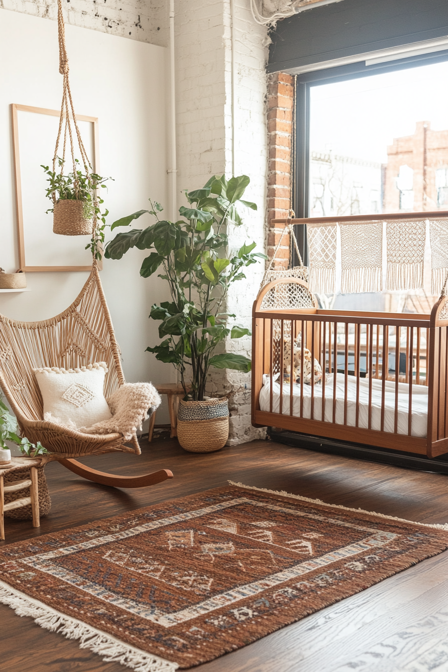 Bohemian nursery with woven textures and earthy tones