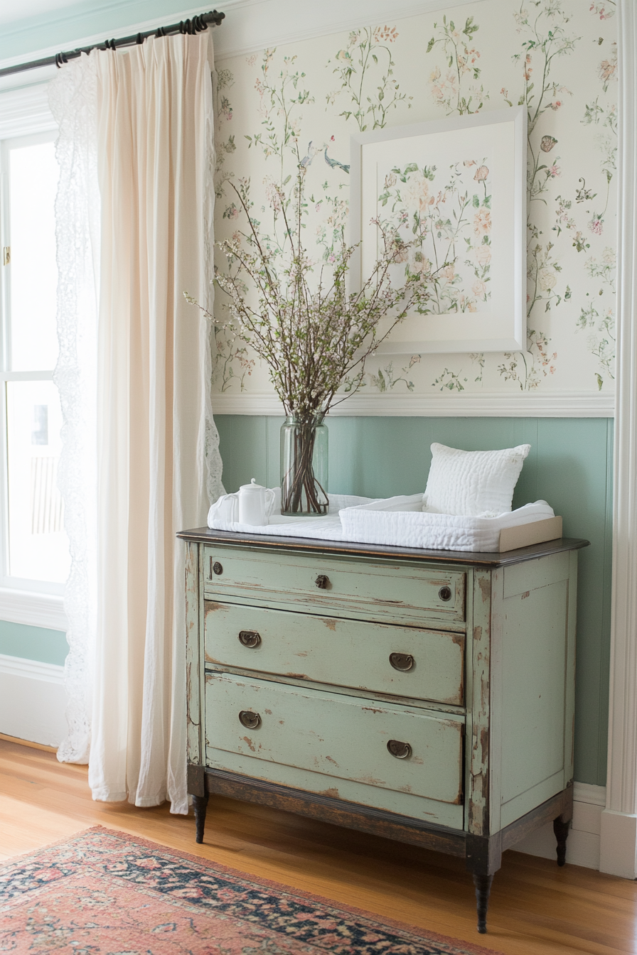 Vintage floral nursery with antique accents