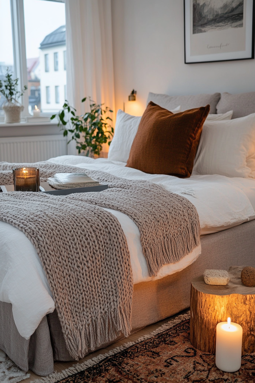 Cozy grey bedroom with layered textiles design concept