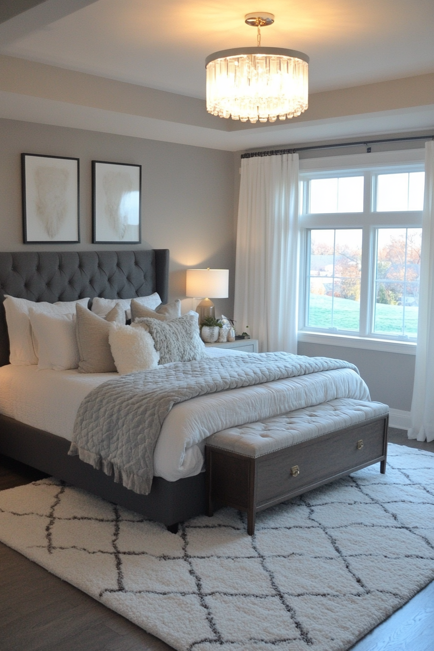 Monochromatic grey bedroom with texture detail