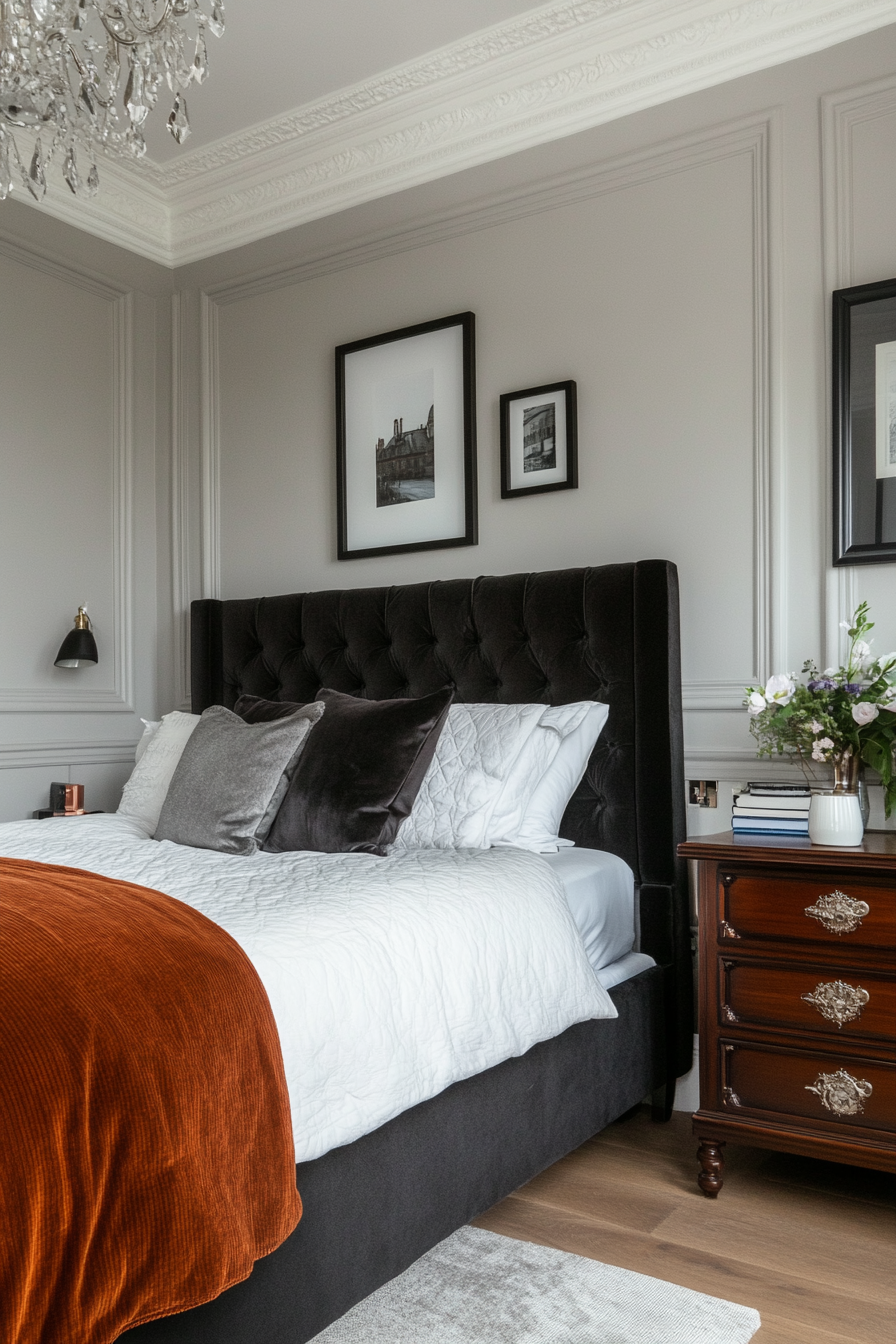 Elegant grey bedroom with velvet and silk detail