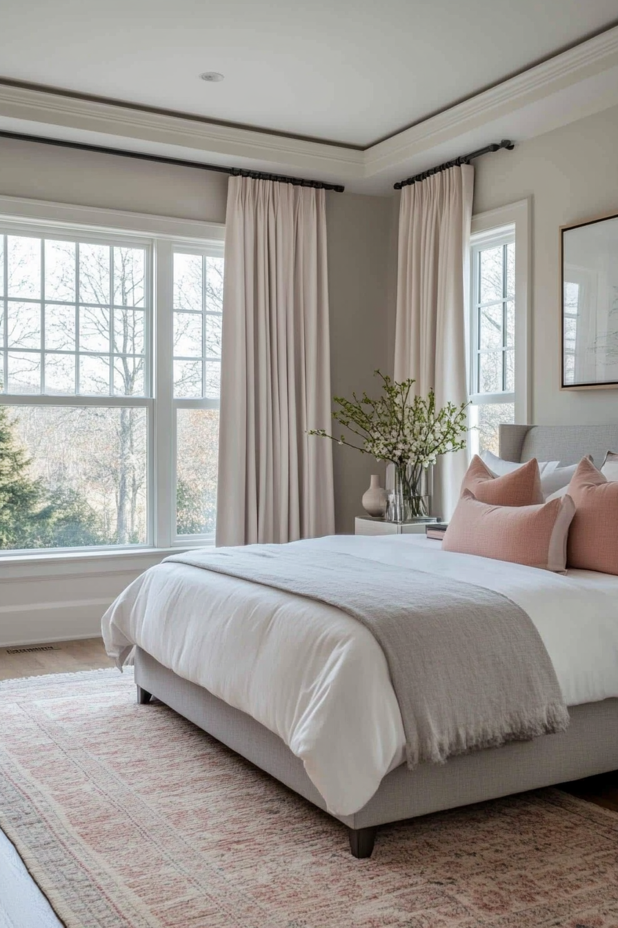 Grey bedroom with blush pink accents design concept