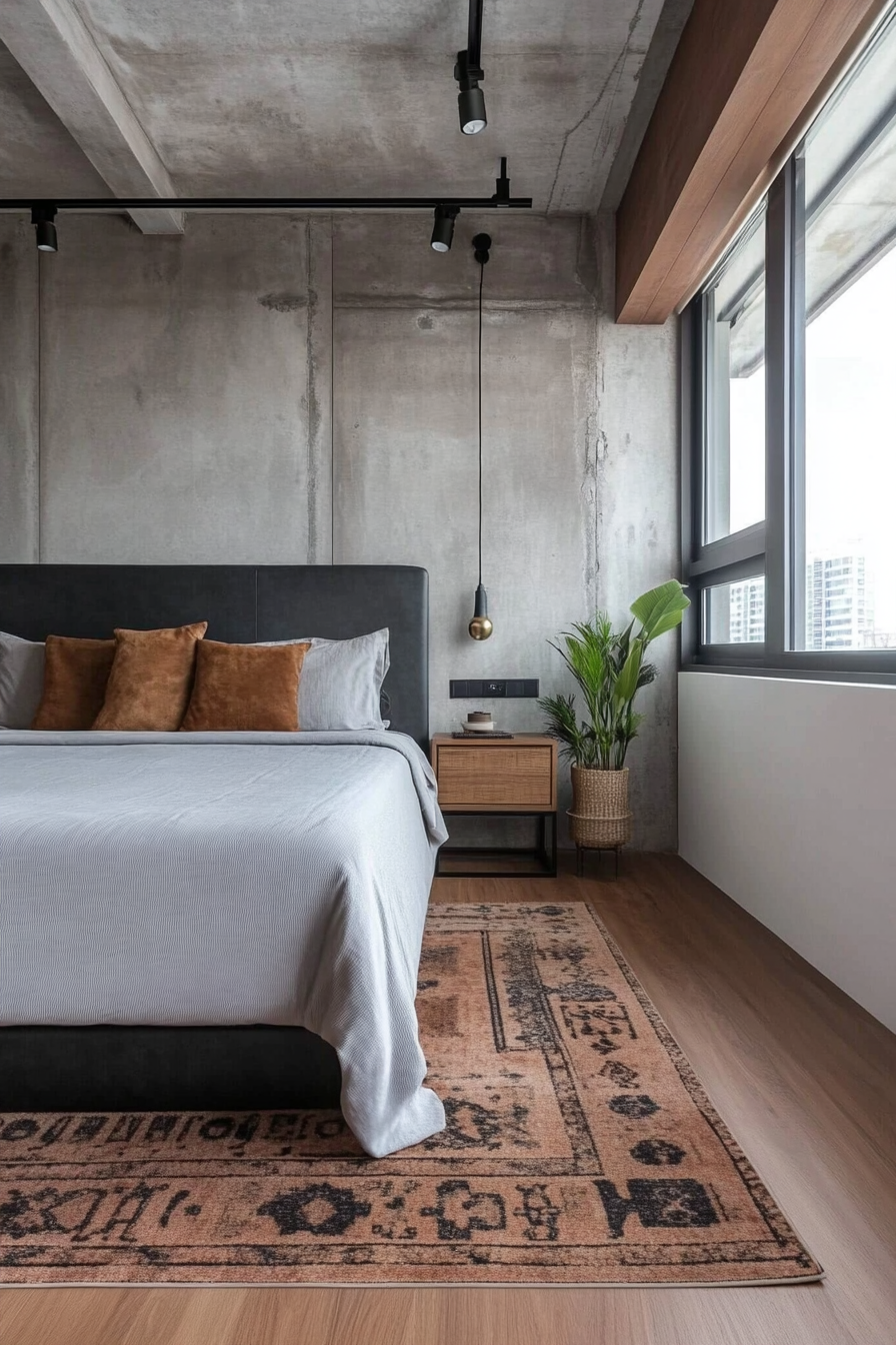 Grey bedroom with industrial-style elements design concept