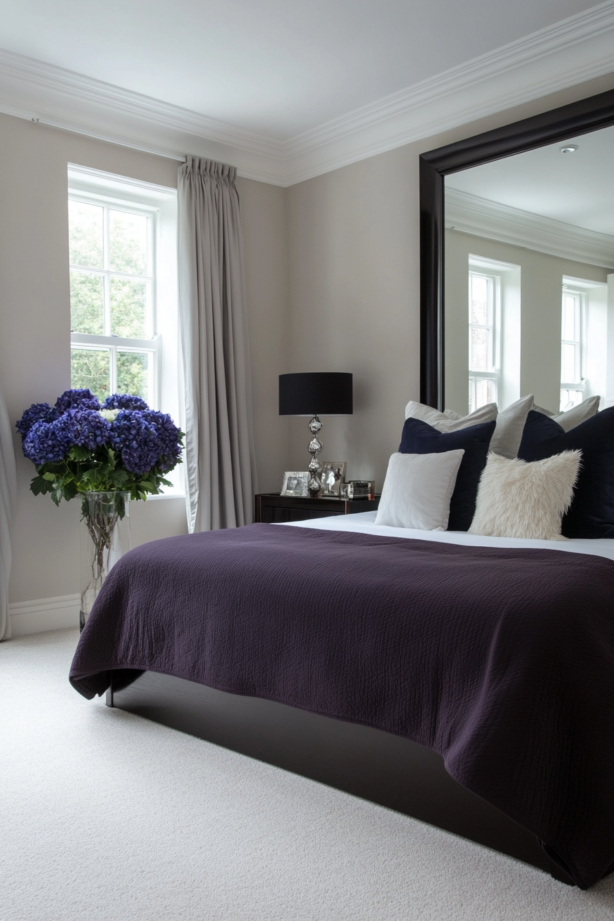 Grey bedroom with oversized mirror detail