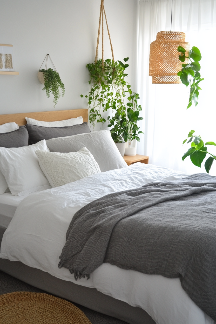 Grey and white bedroom with greenery detail