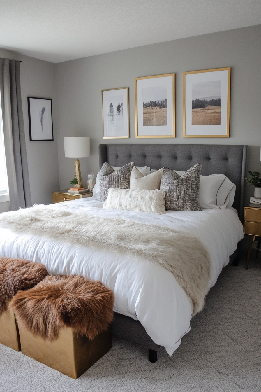 Luxurious grey bedroom with gold detail