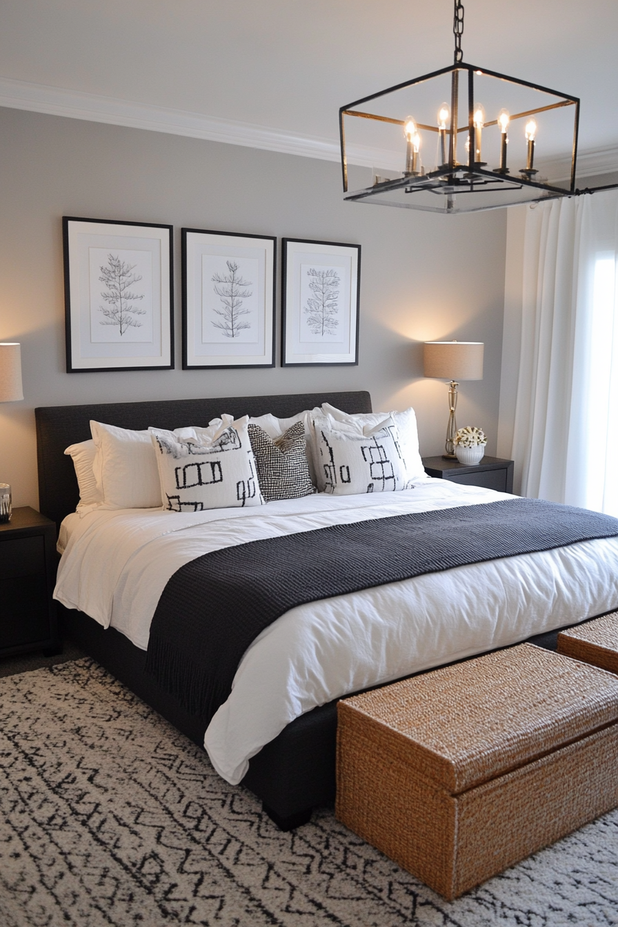 Moody grey bedroom with black and white art detail