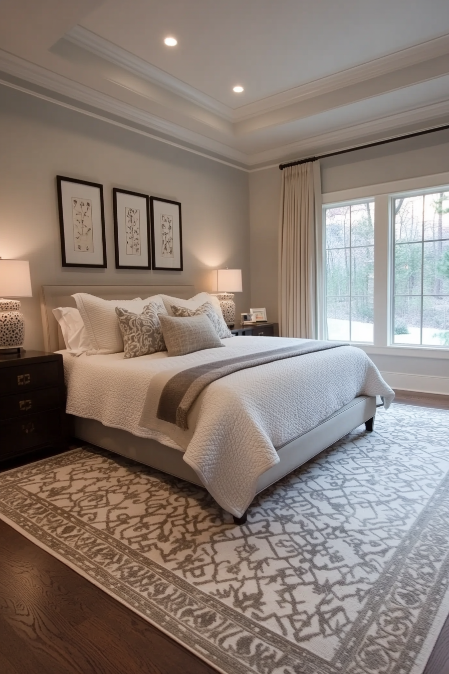Grey tones with patterned area rug design concept