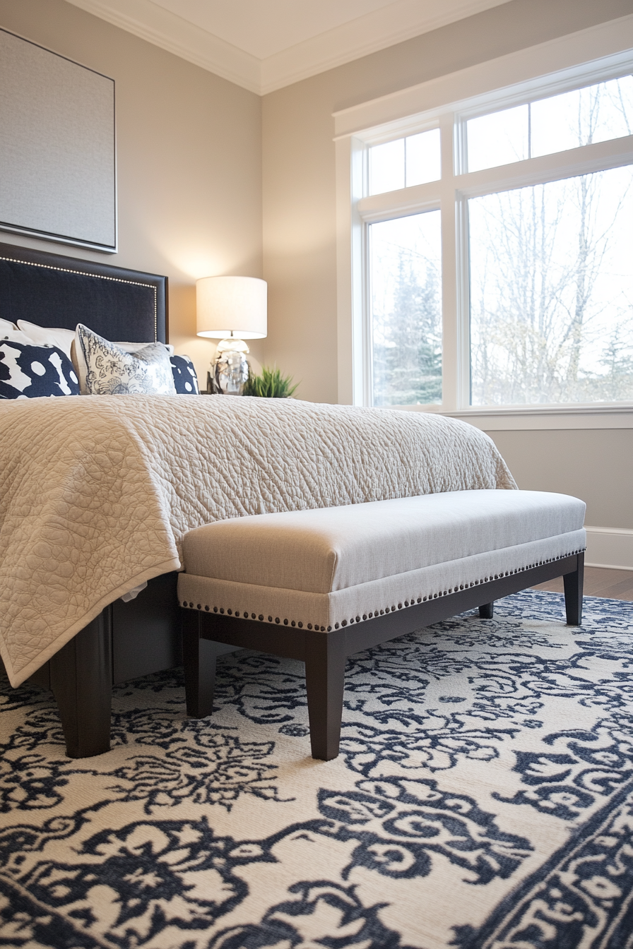 Grey bedroom with patterned rug detail
